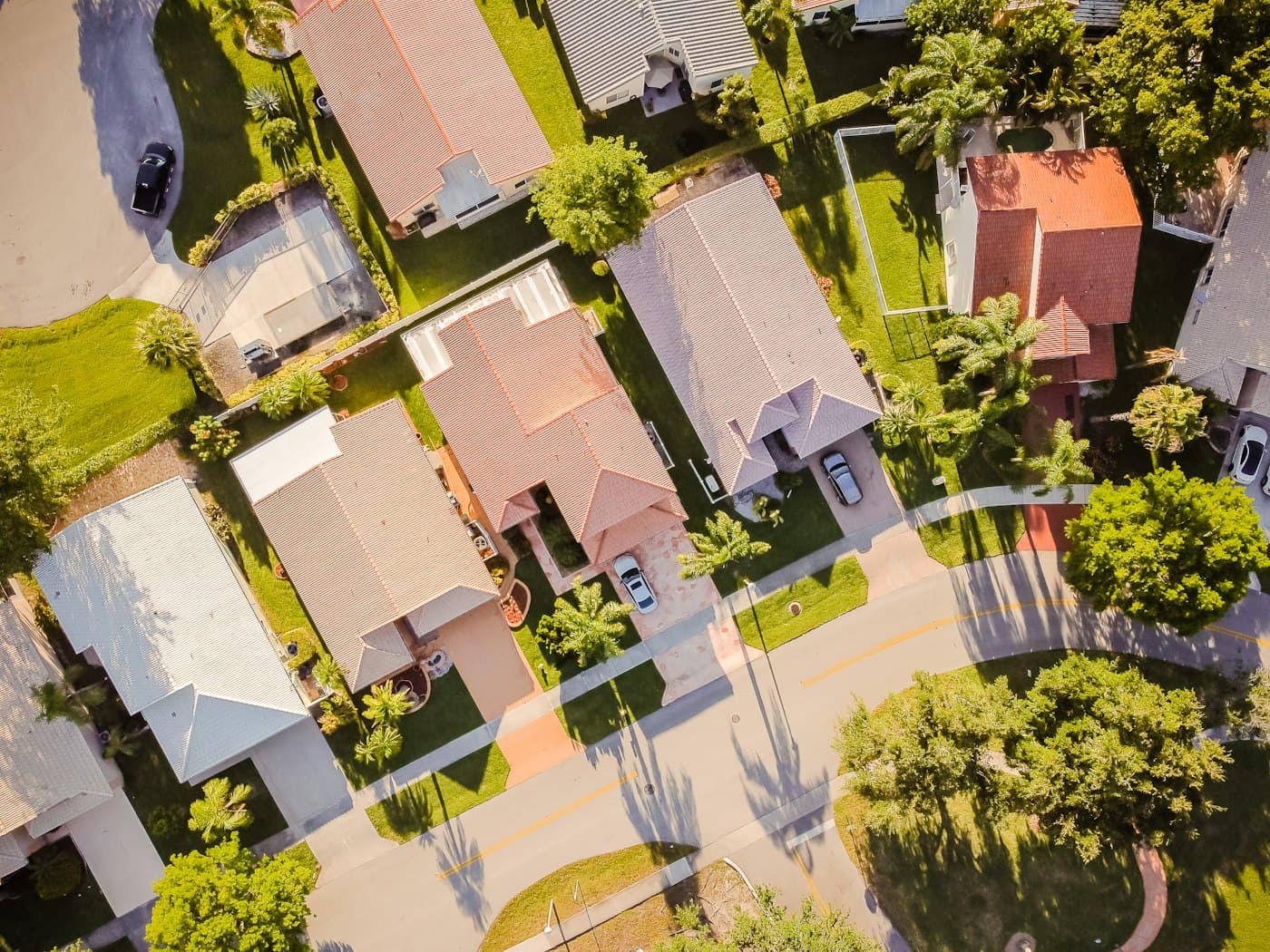Homes on a residential street from above